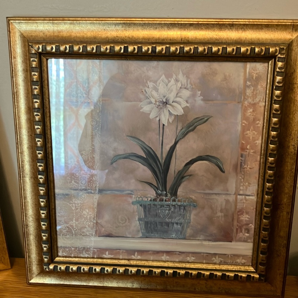 Framed Wall Art 13"x13" - neutral with green plant preowned - great condition